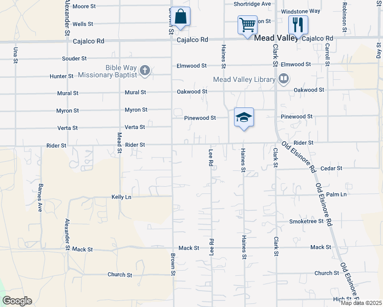 map of restaurants, bars, coffee shops, grocery stores, and more near 21091 Rider Street in Perris