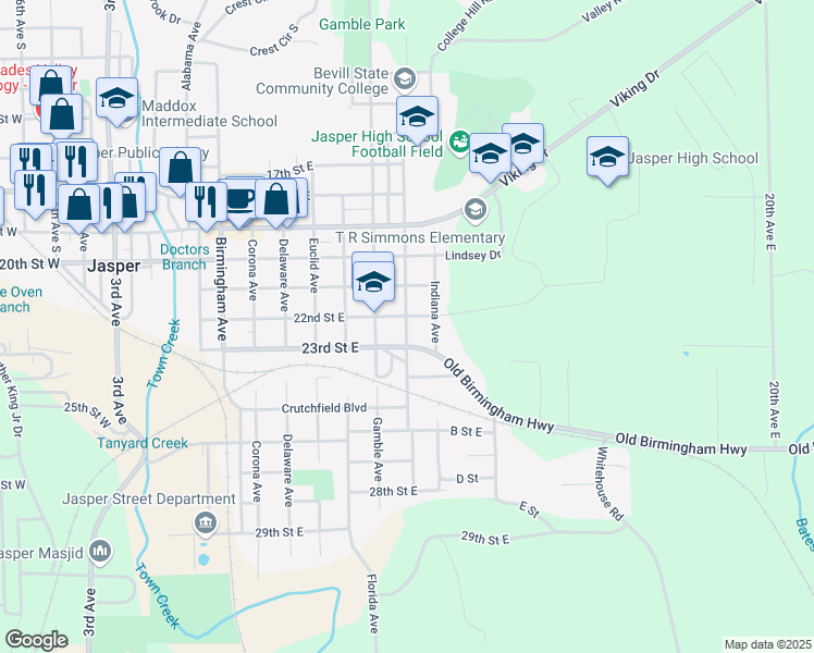 map of restaurants, bars, coffee shops, grocery stores, and more near 1601 Highland Avenue in Jasper