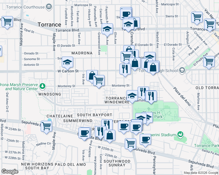 map of restaurants, bars, coffee shops, grocery stores, and more near 2595 Plaza del Amo in Torrance