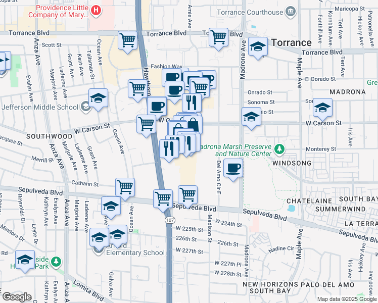 map of restaurants, bars, coffee shops, grocery stores, and more near 21800 Hawthorne Boulevard in Torrance
