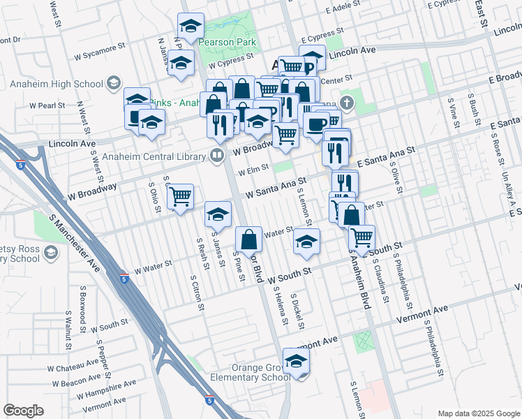 map of restaurants, bars, coffee shops, grocery stores, and more near 522 South Helena Street in Anaheim