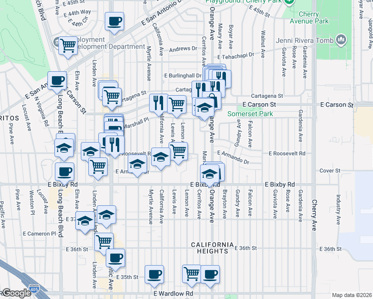 map of restaurants, bars, coffee shops, grocery stores, and more near 3913 Lemon Avenue in Long Beach