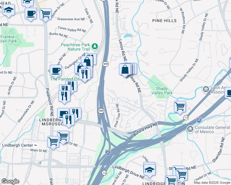 map of restaurants, bars, coffee shops, grocery stores, and more near 836 Canterbury Overlook in Atlanta