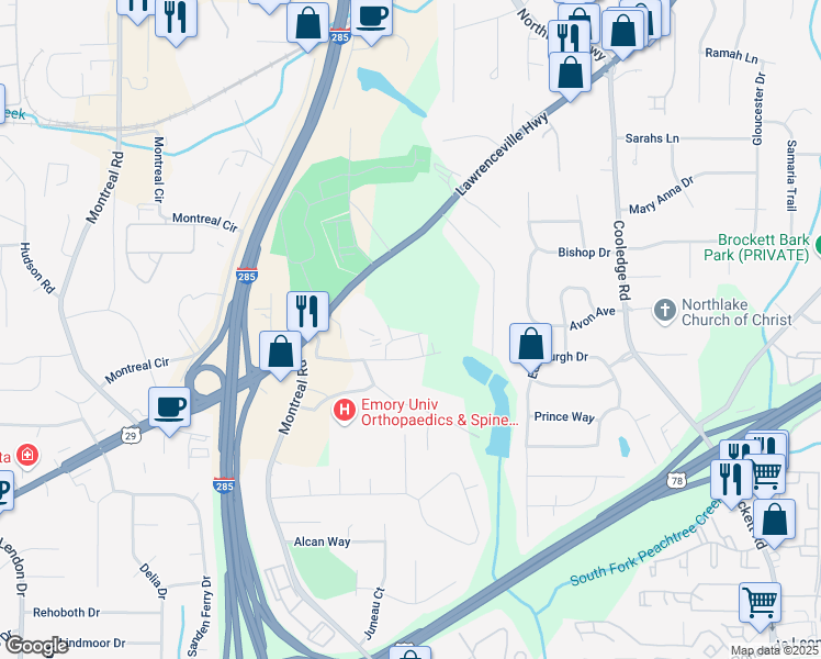 map of restaurants, bars, coffee shops, grocery stores, and more near 3518 Mount Blue Avenue in Tucker