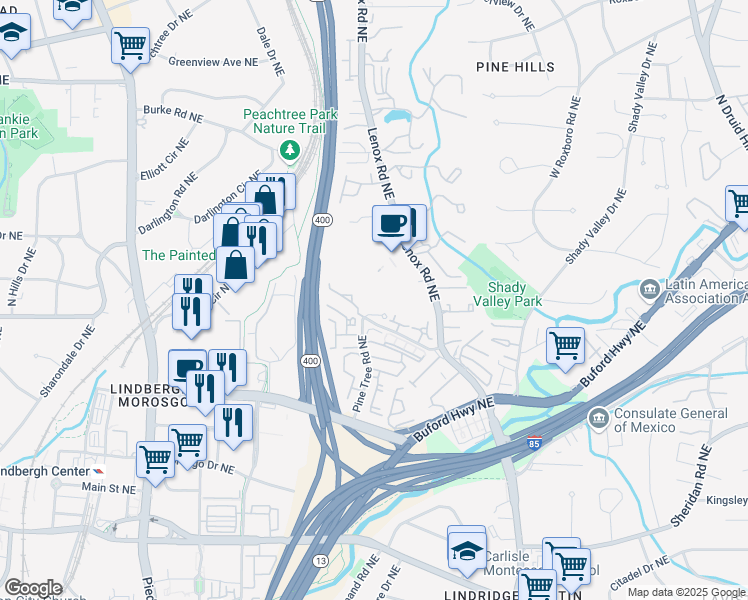 map of restaurants, bars, coffee shops, grocery stores, and more near 3110 Pine Heights Drive Northeast in Atlanta