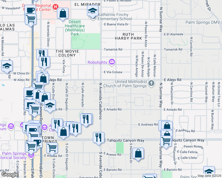 map of restaurants, bars, coffee shops, grocery stores, and more near 1065 Dane Drive in Palm Springs