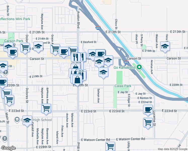 map of restaurants, bars, coffee shops, grocery stores, and more near 814 East Calbas Street in Carson