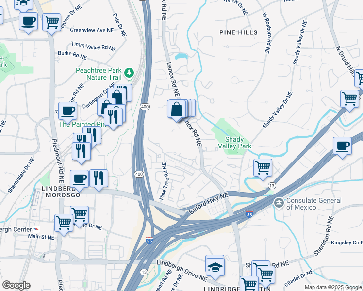 map of restaurants, bars, coffee shops, grocery stores, and more near 1312 Pine Heights Drive Northeast in Atlanta