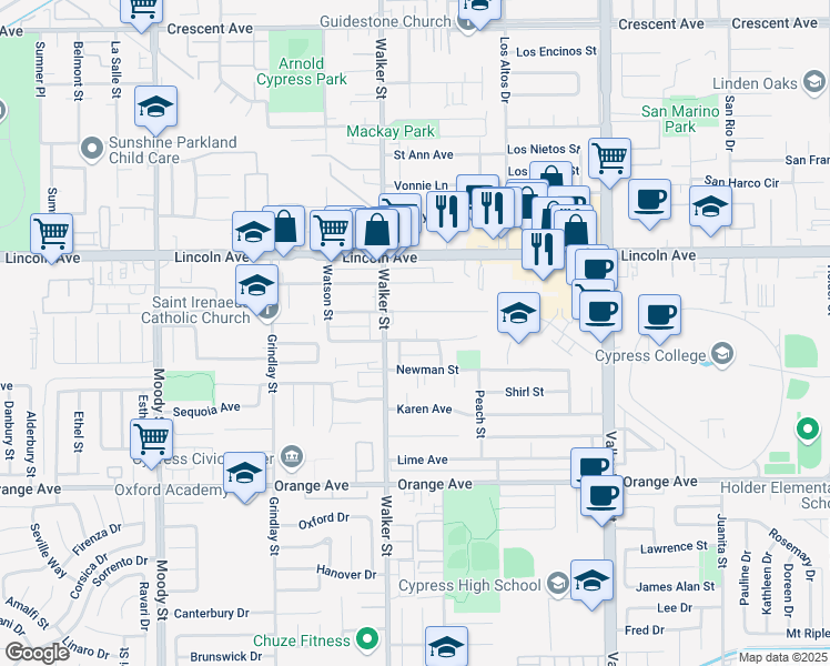 map of restaurants, bars, coffee shops, grocery stores, and more near 5561 Nelson Street in Cypress