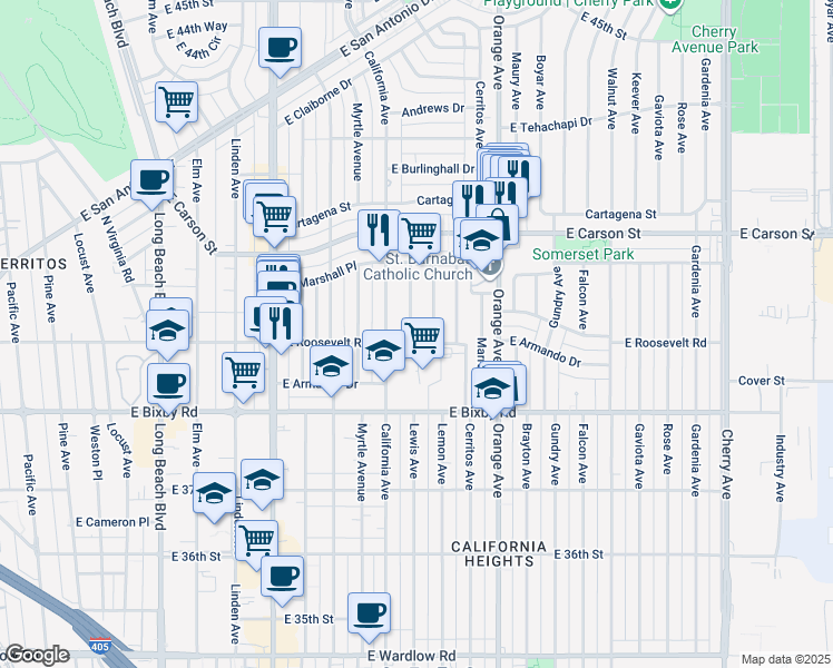 map of restaurants, bars, coffee shops, grocery stores, and more near 3904 Lewis Avenue in Long Beach