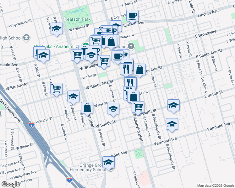 map of restaurants, bars, coffee shops, grocery stores, and more near 545 South Zeyn Street in Anaheim