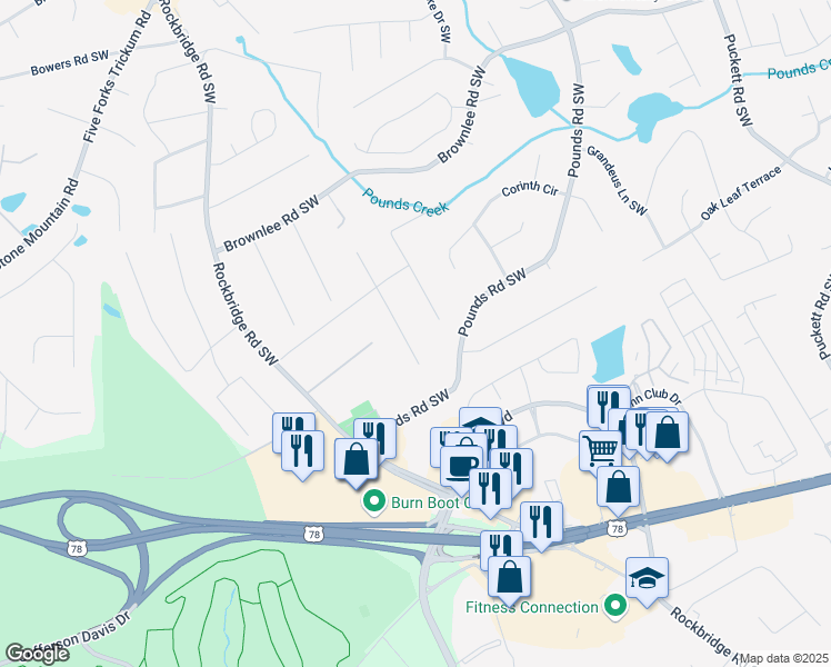 map of restaurants, bars, coffee shops, grocery stores, and more near 1714 Rhonda Lane Southwest in Stone Mountain
