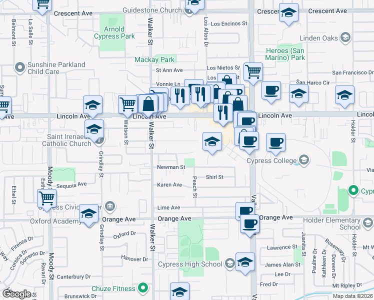 map of restaurants, bars, coffee shops, grocery stores, and more near 5667 Nelson Street in Cypress