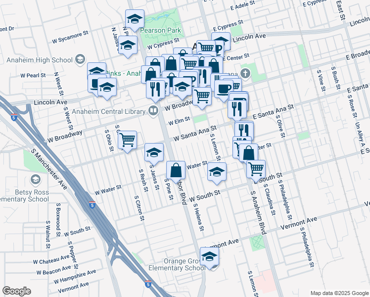 map of restaurants, bars, coffee shops, grocery stores, and more near 522 South Helena Street in Anaheim