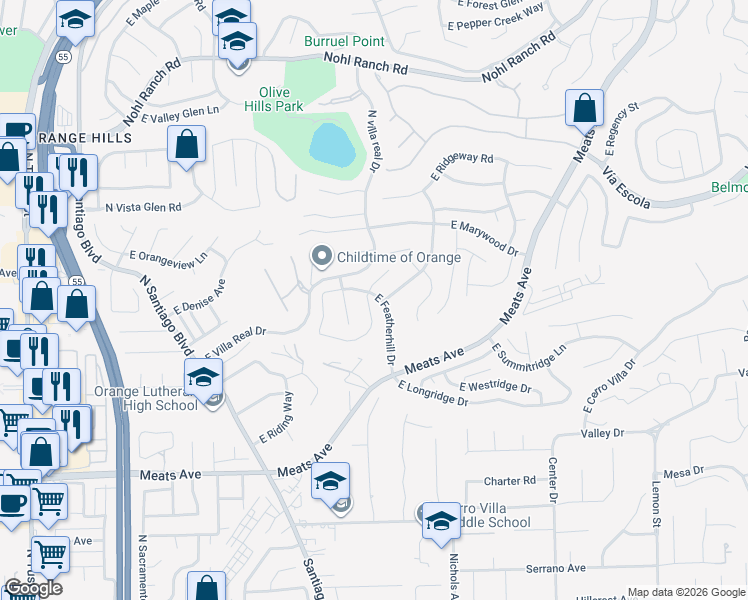 map of restaurants, bars, coffee shops, grocery stores, and more near 2480 East Shady Forest Lane in Orange
