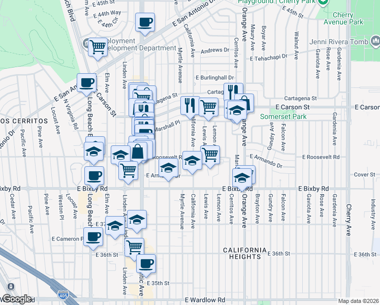 map of restaurants, bars, coffee shops, grocery stores, and more near in Long Beach