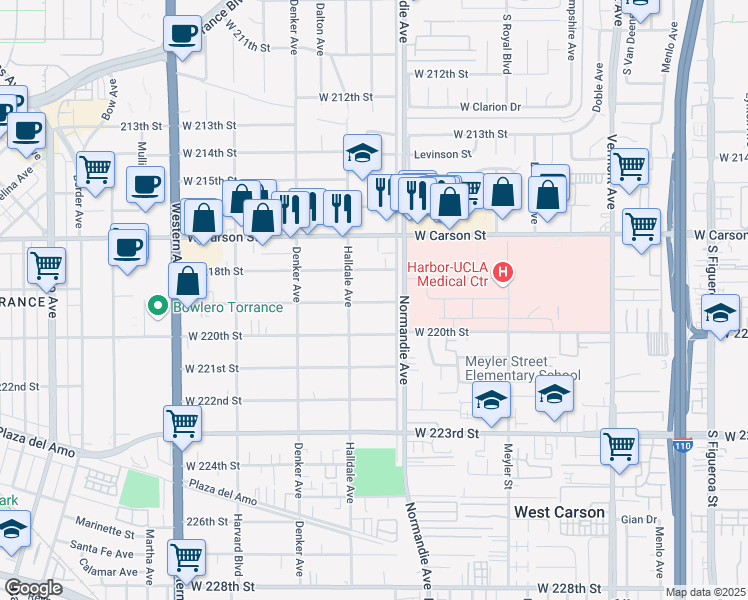 map of restaurants, bars, coffee shops, grocery stores, and more near 1325 1/2 West 219th Street in Torrance