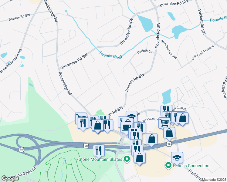 map of restaurants, bars, coffee shops, grocery stores, and more near 1724 Rhonda Lane Southwest in Stone Mountain