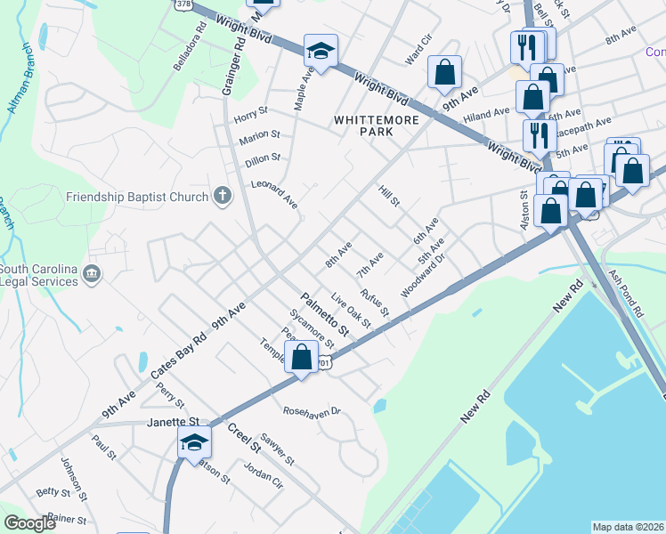 map of restaurants, bars, coffee shops, grocery stores, and more near 709 Rufus Street in Conway