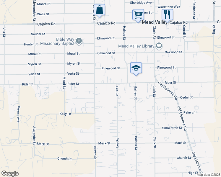 map of restaurants, bars, coffee shops, grocery stores, and more near 21091 Rider Street in Perris