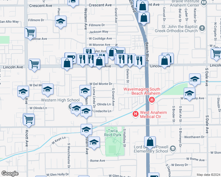 map of restaurants, bars, coffee shops, grocery stores, and more near 3107 West Graciosa Lane in Anaheim