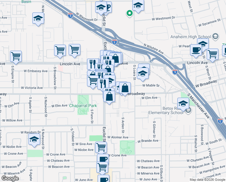 map of restaurants, bars, coffee shops, grocery stores, and more near 243 South Sand Palm Drive in Anaheim