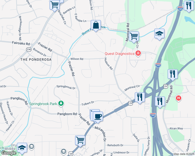map of restaurants, bars, coffee shops, grocery stores, and more near 1627 Moncrief Circle in Decatur