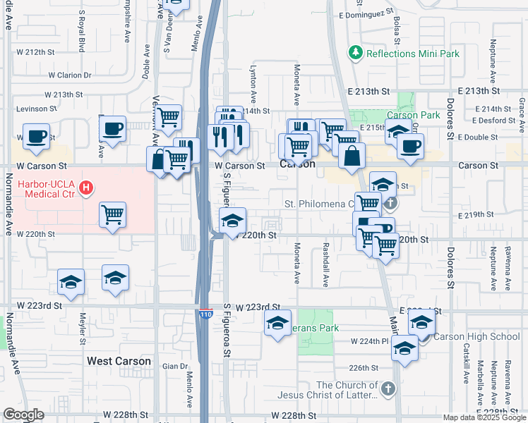 map of restaurants, bars, coffee shops, grocery stores, and more near 21833 Caroldale Avenue in Carson