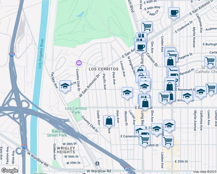 map of restaurants, bars, coffee shops, grocery stores, and more near 3939 Pine Avenue in Long Beach