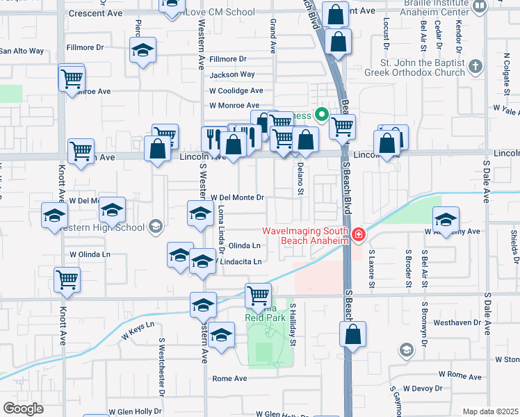 map of restaurants, bars, coffee shops, grocery stores, and more near 3107 West Graciosa Lane in Anaheim