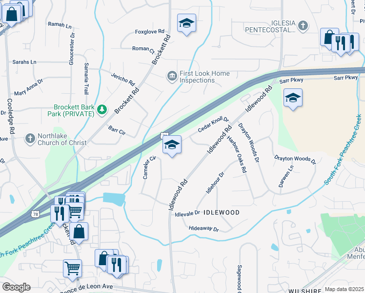 map of restaurants, bars, coffee shops, grocery stores, and more near 4065 Cedar Knoll Drive in Tucker