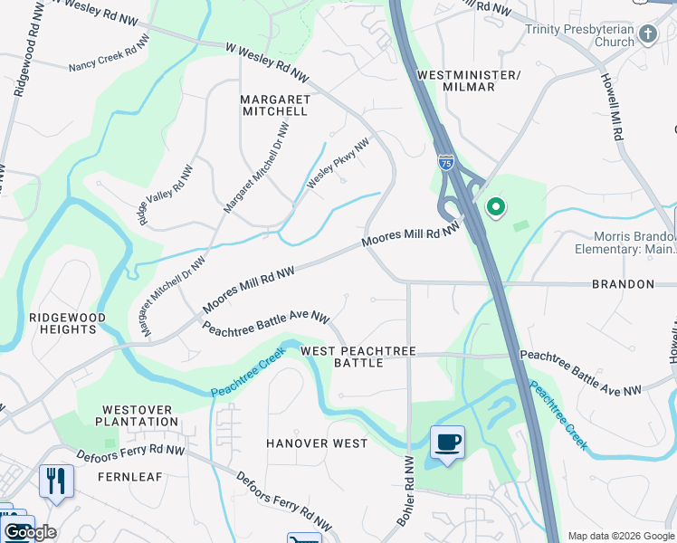 map of restaurants, bars, coffee shops, grocery stores, and more near 1356 Moores Mill Road Northwest in Atlanta
