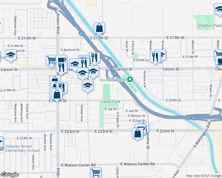 map of restaurants, bars, coffee shops, grocery stores, and more near 21827 Foley Avenue in Carson