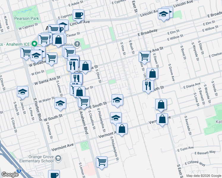 map of restaurants, bars, coffee shops, grocery stores, and more near 634 South Melrose Street in Anaheim