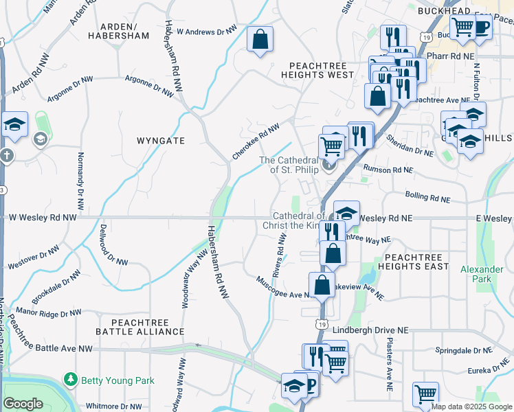 map of restaurants, bars, coffee shops, grocery stores, and more near 125 West Wesley Road Northwest in Atlanta