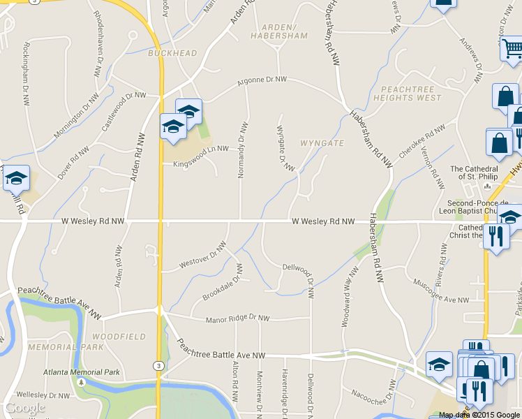 map of restaurants, bars, coffee shops, grocery stores, and more near 411 W Wesley Road Northwest in Atlanta