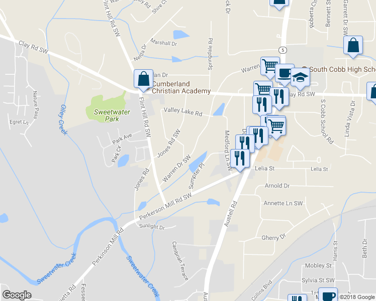 map of restaurants, bars, coffee shops, grocery stores, and more near 2232 Warren Drive Southwest in Austell