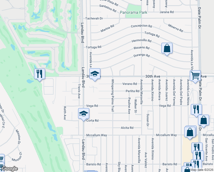 map of restaurants, bars, coffee shops, grocery stores, and more near 68185 Verano Rd in Cathedral City