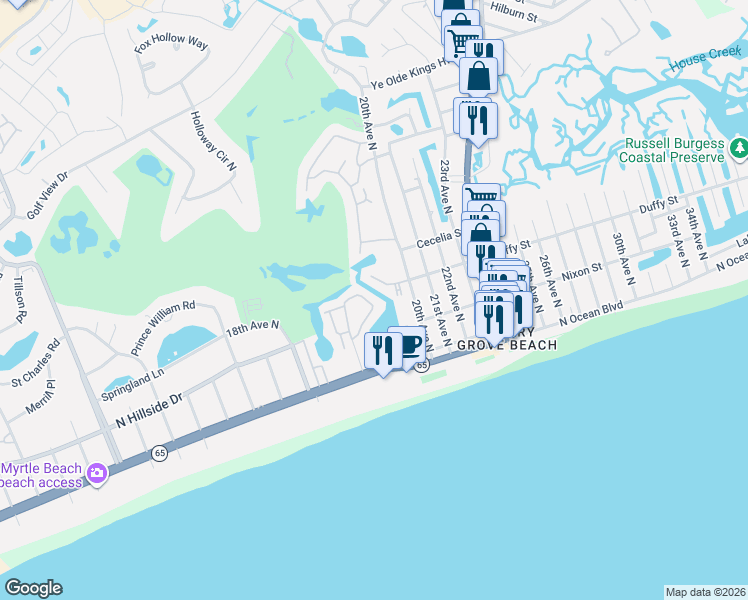 map of restaurants, bars, coffee shops, grocery stores, and more near 1900 Duffy Street in North Myrtle Beach