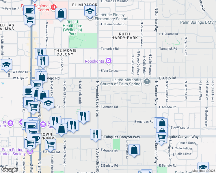 map of restaurants, bars, coffee shops, grocery stores, and more near 1065 Dane Drive in Palm Springs