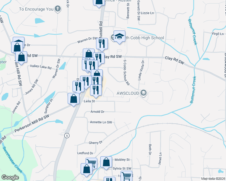 map of restaurants, bars, coffee shops, grocery stores, and more near 2027 Oakbluff Drive in Austell