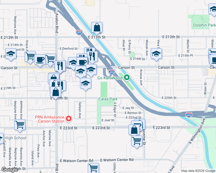 map of restaurants, bars, coffee shops, grocery stores, and more near 21827 Foley Avenue in Carson