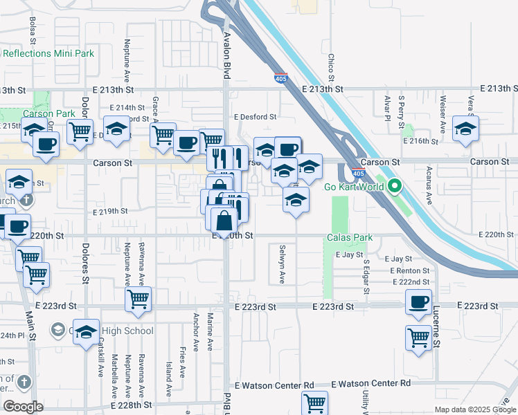 map of restaurants, bars, coffee shops, grocery stores, and more near 21910 Newkirk Avenue in Carson