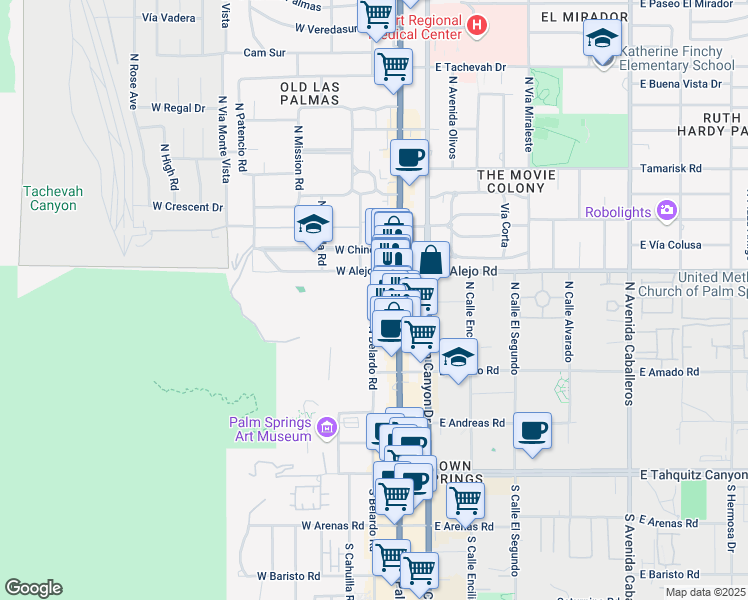 map of restaurants, bars, coffee shops, grocery stores, and more near 454 North Belardo Road in Palm Springs