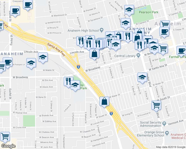 map of restaurants, bars, coffee shops, grocery stores, and more near 1121 West Fay Lane in Anaheim