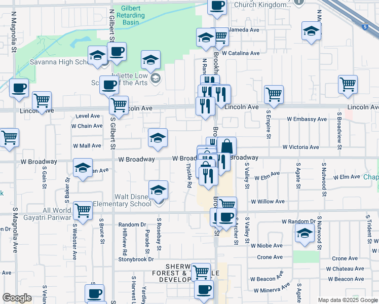 map of restaurants, bars, coffee shops, grocery stores, and more near 2235 West Broadway in Anaheim