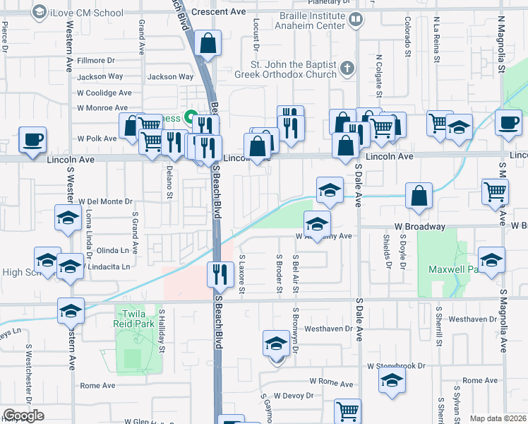 map of restaurants, bars, coffee shops, grocery stores, and more near 2910 West Baywood Avenue in Anaheim
