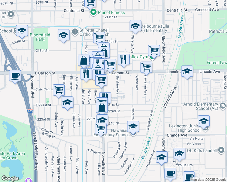 map of restaurants, bars, coffee shops, grocery stores, and more near 21900 Norwalk Boulevard in Hawaiian Gardens