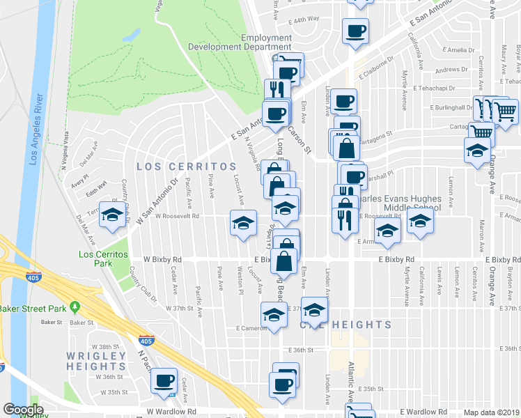 map of restaurants, bars, coffee shops, grocery stores, and more near 3920 Locust Avenue in Long Beach