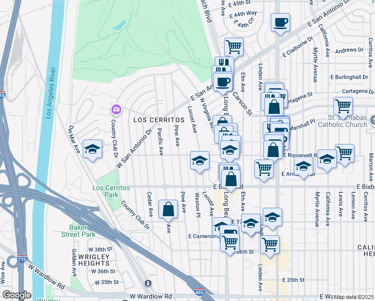 map of restaurants, bars, coffee shops, grocery stores, and more near 145 East Roosevelt Road in Long Beach